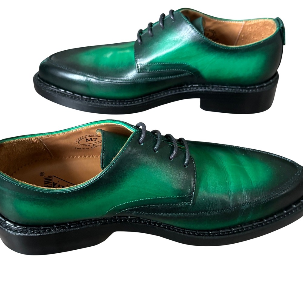John Fluevog Moneymaker Lace Up Derby Shoes Size 7 Green Hand Painted Leather - Picture 6 of 10